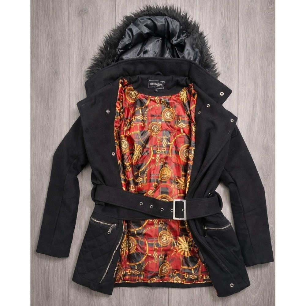 RARE Y2K NWOT Rocawear Women's L Black Belted Faux Fur Hood Coat Streetwear